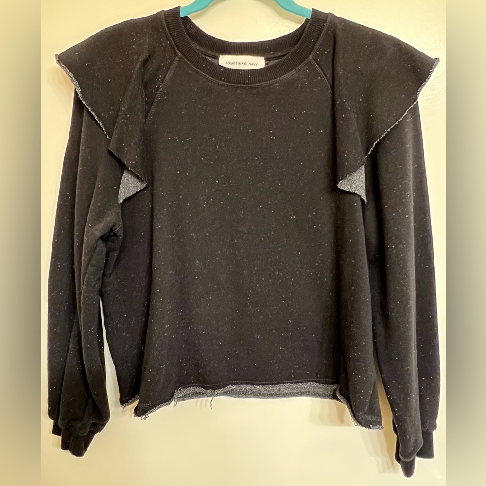 Something Navy black ruffle shoulder sweatshirt